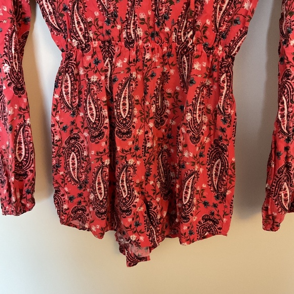 Abercrombie & Fitch Salmon Pink Black Paisley Long Sleeve Romper S Lace Up Y2K - Picture 3 of 12